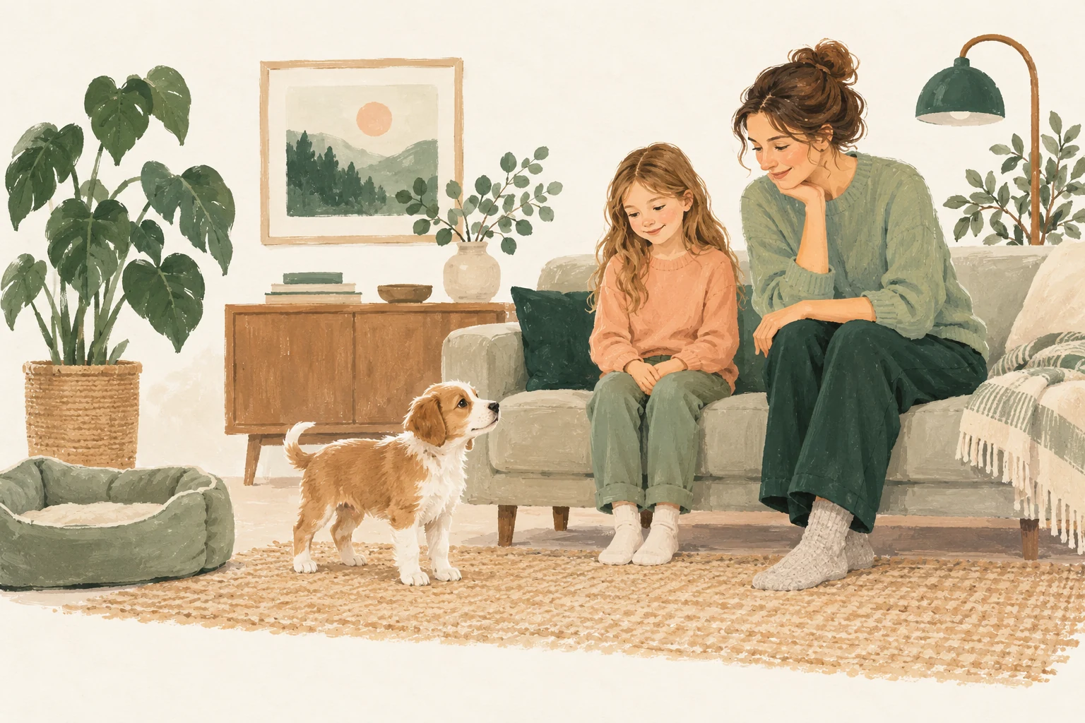 Illustration av ett barn och en uppmärksam vuxen som sitter nära en valp i vardagsrummet.