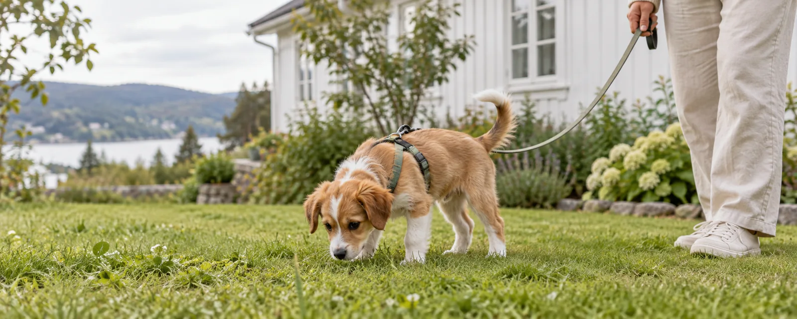 En liten valp i sele nosar i gräset intill sin ägare.