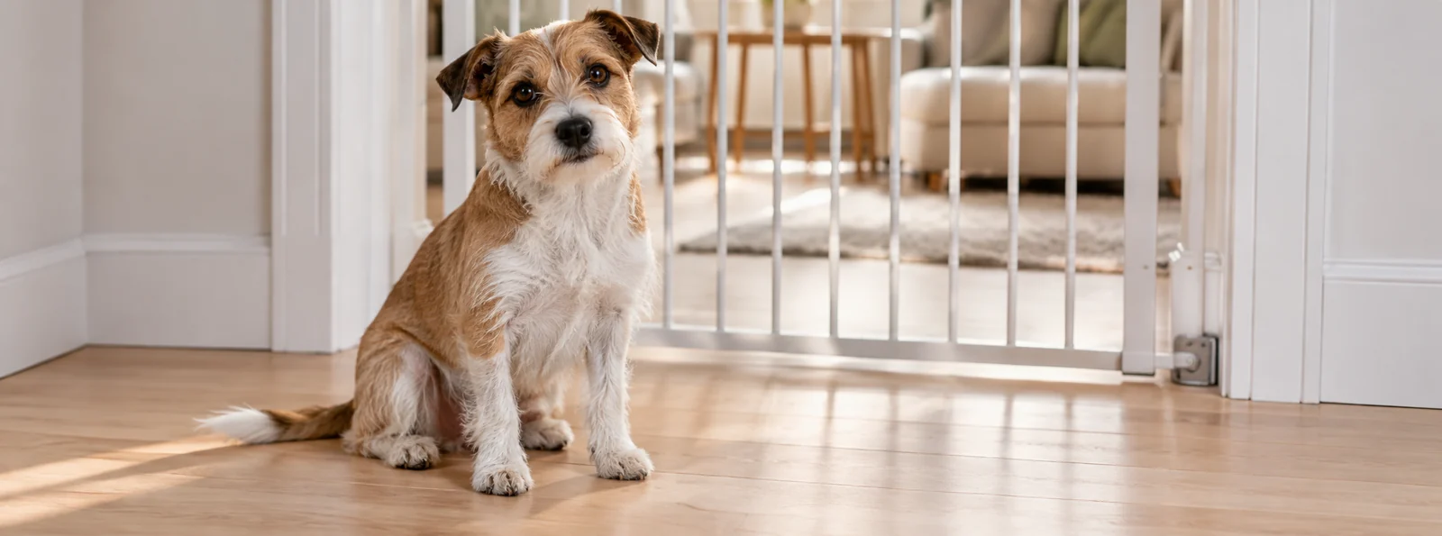 En liten hund vid en hundgrind i ett städat, ljust hem